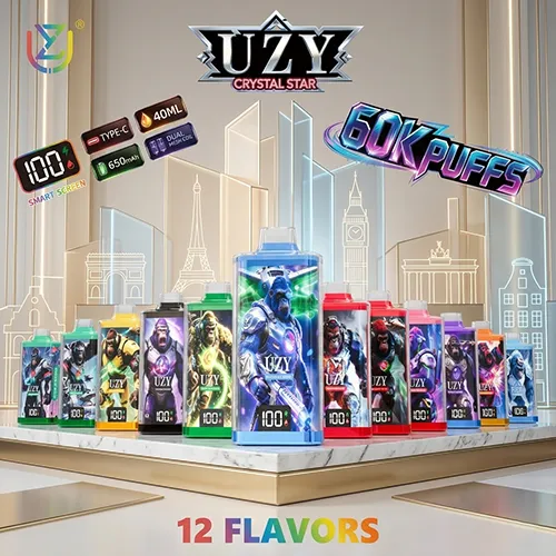 A lineup of all 12 flavors of UZY Crystal Star 60000 Puffs disposable vapes for the European market