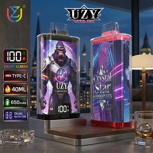 UZY Crystal Star 60000 Puffs disposable vape featuring smart screen, 40ml e-liquid, and Type-C charging