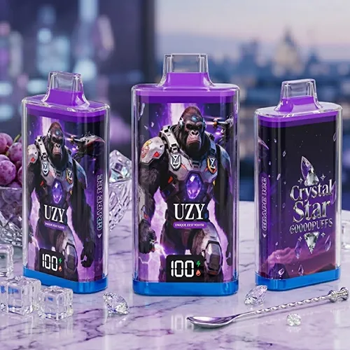 Close-up of Purple UZY Crystal Star 60000 Puffs Grape Ice vape with ice cubes and grapes