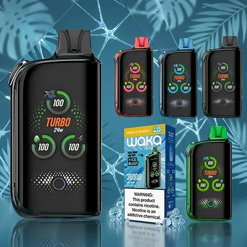 Collection of WAKA Blast 36000 Puffs Ice Blast colors including red, blue, green, and black versions with retail packaging