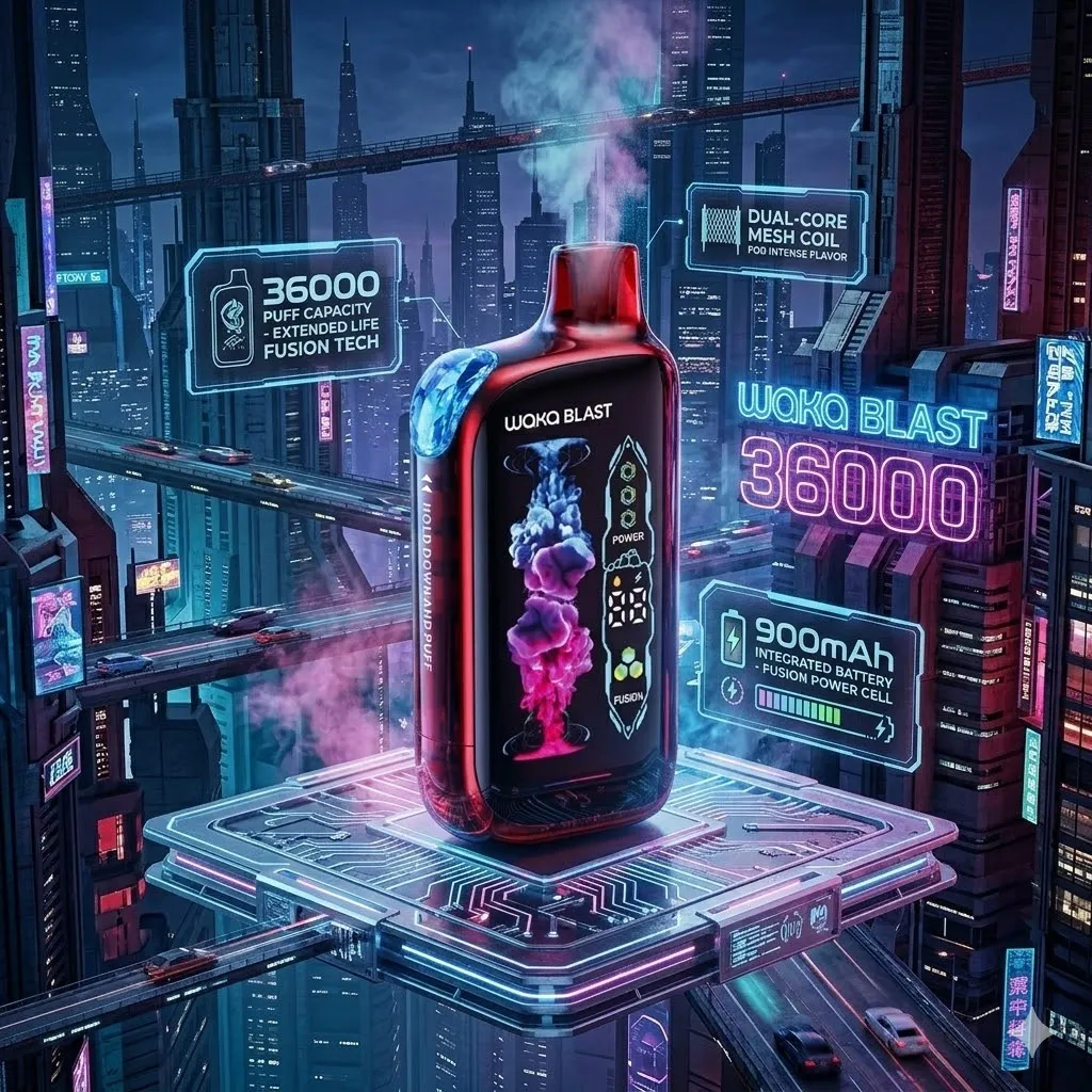 WAKA Blast 36000 Puffs Ice Blast disposable vape with dual-core mesh coil and 900mAh battery in a cyberpunk city
