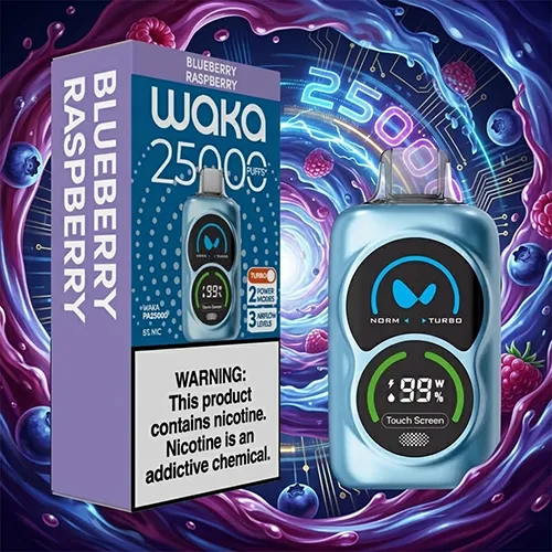 Waka PA 25000 Puffs Blueberry Raspberry device and purple retail box against a berry-themed background