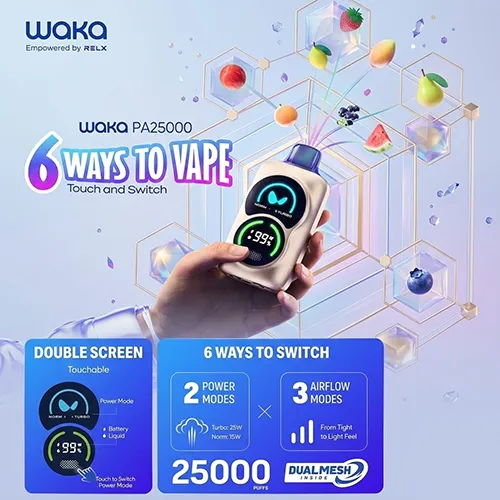 Infographic showing Waka PA 25000 features: Touch screen power switch, 2 power modes (Turbo/Norm), and 3 airflow levels