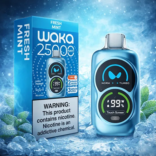 Waka PA 25000 Puffs Fresh Mint flavor packaging and blue device on an icy background