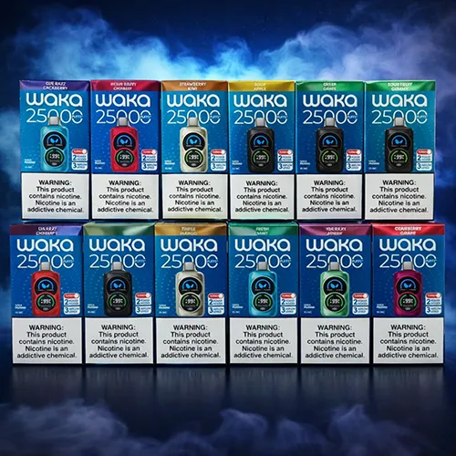 A collection of 12 different Waka PA 25000 Puffs flavor boxes, including Strawberry Kiwi and Watermelon Chill
