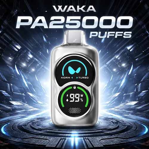 Front view of the Waka PA 25000 Puffs disposable vape in silver with a dual-screen display showing battery and liquid levels