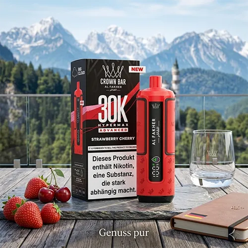 Al Fakher 30k Hypermax Advanced Strawberry Cherry flavor with German Alps background