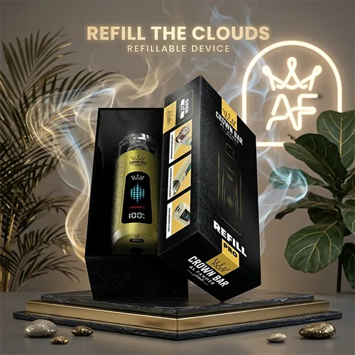 Gold Al Fakher Crown Bar Refill Pro refillable vape device unboxing with smoke effect