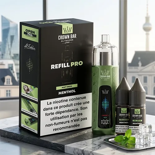 Al Fakher Crown Bar Refill Pro Menthol Mint Green vape kit with e-liquid bottles