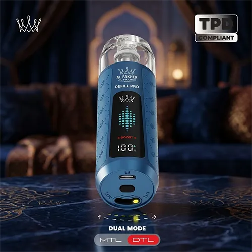 Blue Al Fakher Crown Bar Refill Pro showing MTL and DTL dual mode toggle and TPD compliance