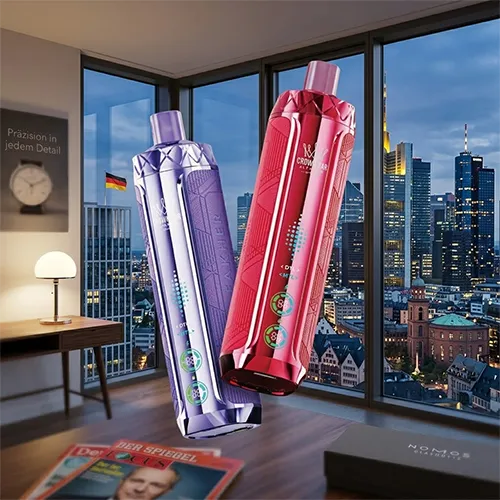 Al Fakher CRYSTAL V2 8K Puffs disposable vapes with Frankfurt Germany skyline background