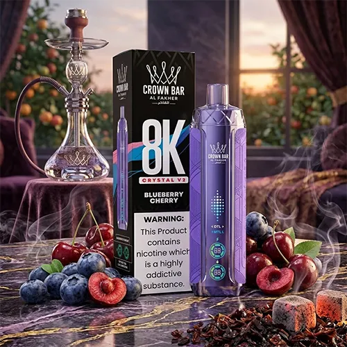 Al Fakher CRYSTAL V2 8K Blueberry Cherry vape beside a traditional Shisha hookah