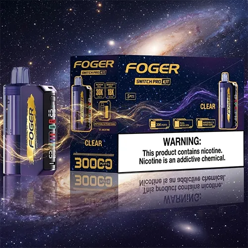 Bulk packaging of Foger Switch Pro 30K Clear flavor showing 30,000 puffs and power bank functionality.