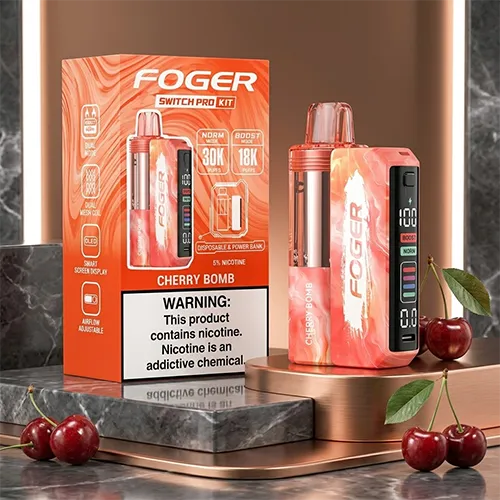 Foger Switch Pro 30K Cherry Bomb flavor kit with nicotine warning label and vibrant orange packaging.