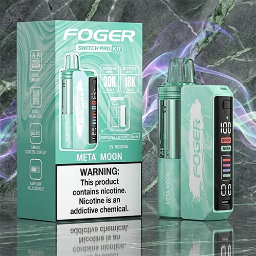 Foger Switch Pro 30K Meta Moon flavor disposable vape with smart OLED screen and 30,000 puff capacity.