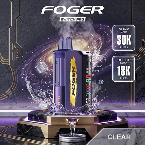 Close-up of Foger Switch Pro 30K showing Norm Mode (30K puffs) and Boost Mode (18K puffs) settings.