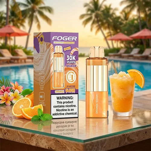 Foger Switch Pro 30K Orange Slush disposable vape and official retail box.