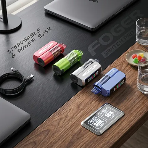 Multiple colors of Foger Switch Pro 30K on a desk, highlighting the USB-C charging and power bank feature.