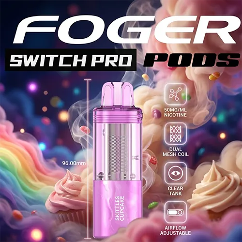 Foger Switch Pro 30K Disposable Pod in Skittles Cupcake flavor with 96mm height.