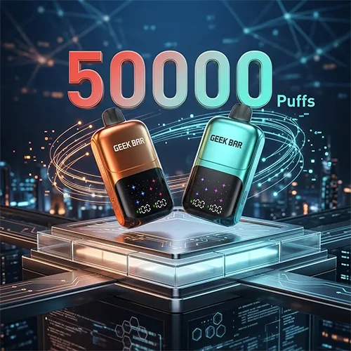 Two Geek Bar 2GO vapes highlighting the industry-leading 50,000 puff capacity on a futuristic background