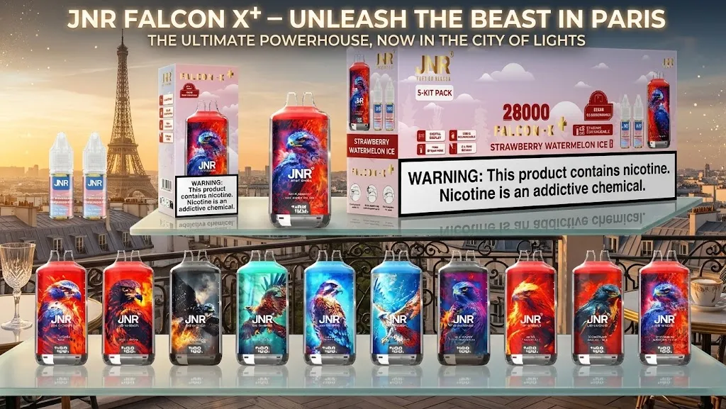 A variety of JNR Falcon X⁺ 28K vape flavors and 5-kit pack options available in France