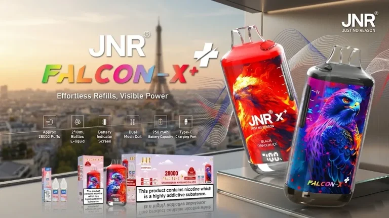 JNR Falcon X⁺ 28K puffs TPD vape with 950mAh battery and dual mesh coil against Paris skyline