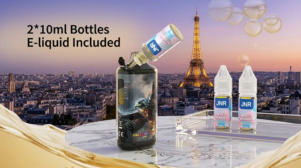 Close-up of refilling the JNR Falcon X⁺ 28K vape using the included 10ml e-liquid bottles