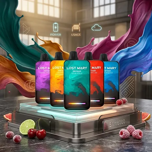 LOST MARY BM16000 16K Puffs collection showing power and e-liquid usage LED bar