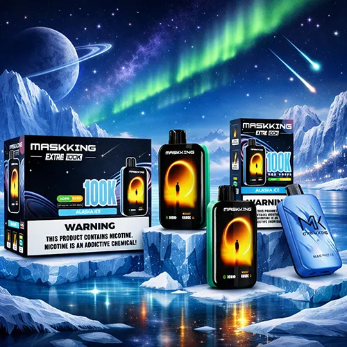 Maskking Extre 100K Puffs Alaska Ice flavor packaging and device display with arctic theme