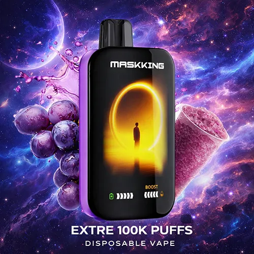 Maskking Extre 100K Puffs Grape Slush flavor disposable vape with cosmic space background