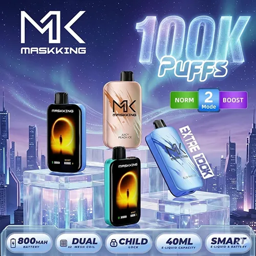 Technical specs for Maskking Extre 100K Puffs including 800mAh battery, 40ml e-liquid, and dual mesh coil