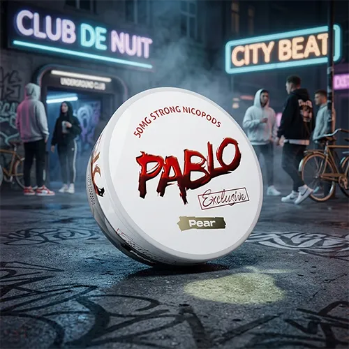 PABLO Exclusive Pear 50mg nicotine pouches in a night city street setting