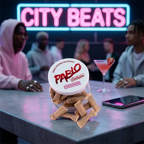 Open tin of PABLO Exclusive Strawberry Cheesecake nicotine pouches on a bar counter.