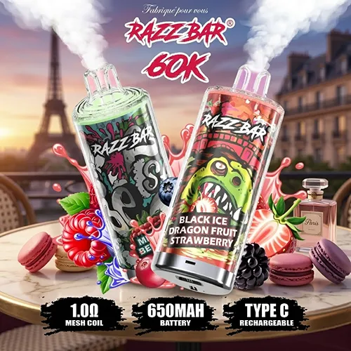 Razz Bar 60K Puffs Black Ice Dragon Fruit Strawberry vape with Paris background