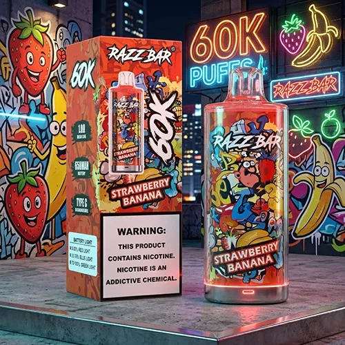 Razz Bar 60K Puffs Strawberry Banana vape device and retail box packaging