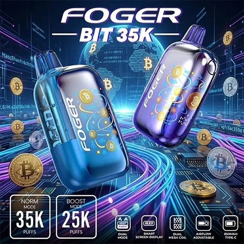 Foger Bit 35K Puffs dual mode settings showing 35K Norm Mode and 25K Boost Mode options.