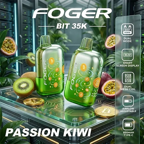 Two Foger Bit 35K Puffs Passion Kiwi vapes showing 850mAh battery and Type-C charging port.