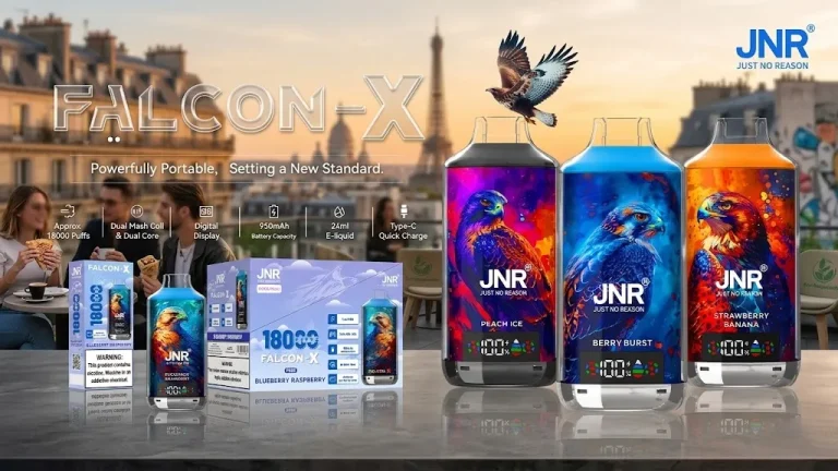 Vape jetable JNR Falcon X 18K Puffs avec écran LED et saveurs fruitées devant la Tour Eiffel.