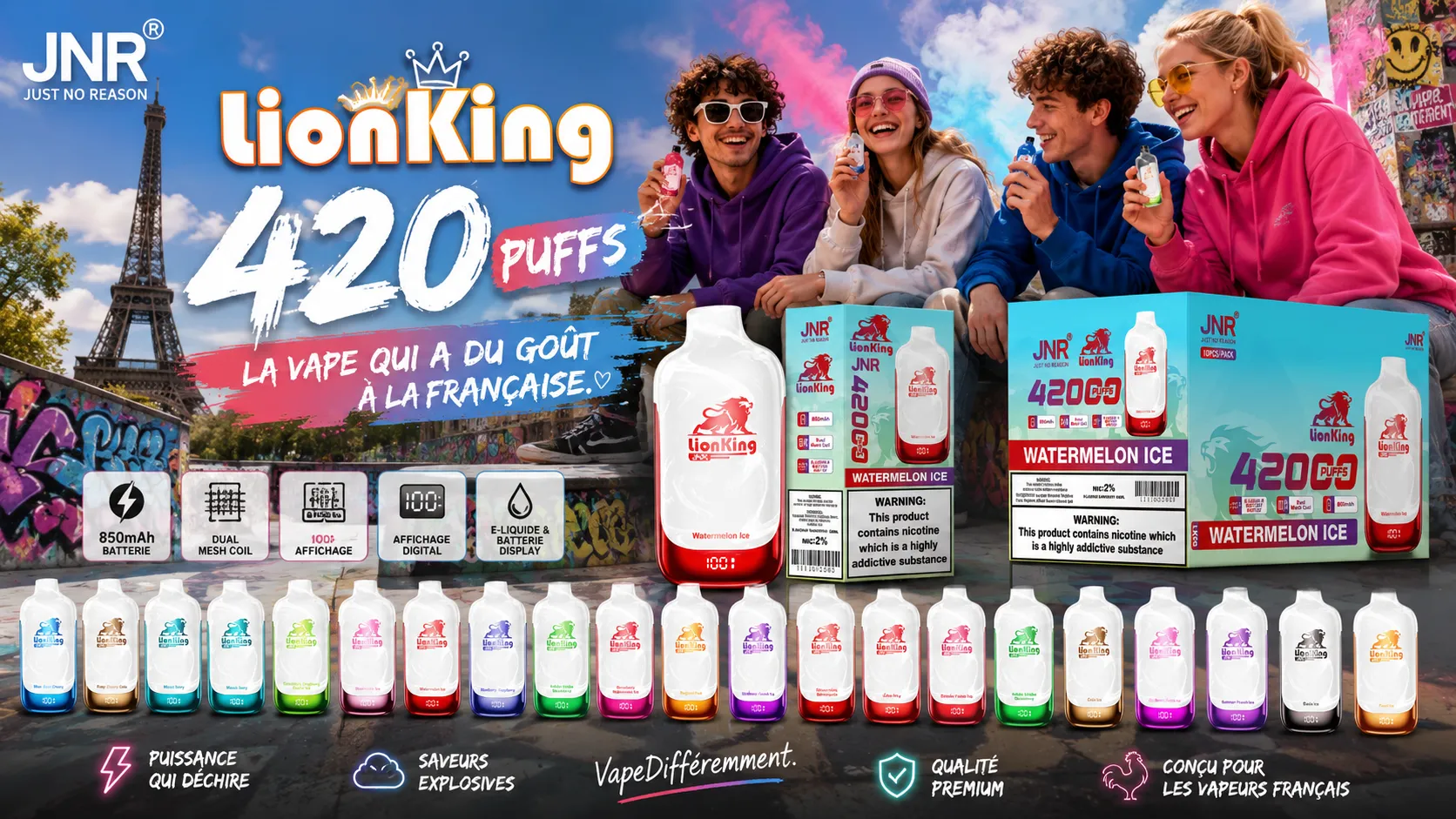 JNR Lion King 42000 Puffs packaging box and technical specifications for French vapers.