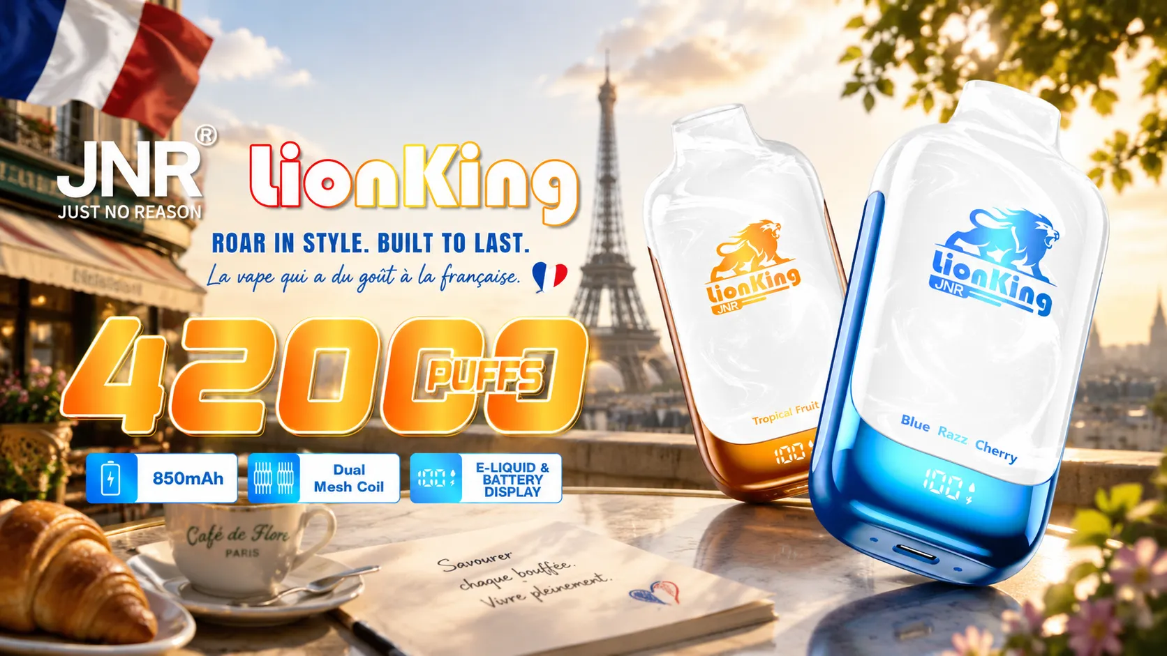 JNR Lion King 42K Puffs disposable vape with Eiffel Tower background and 850mAh battery display.