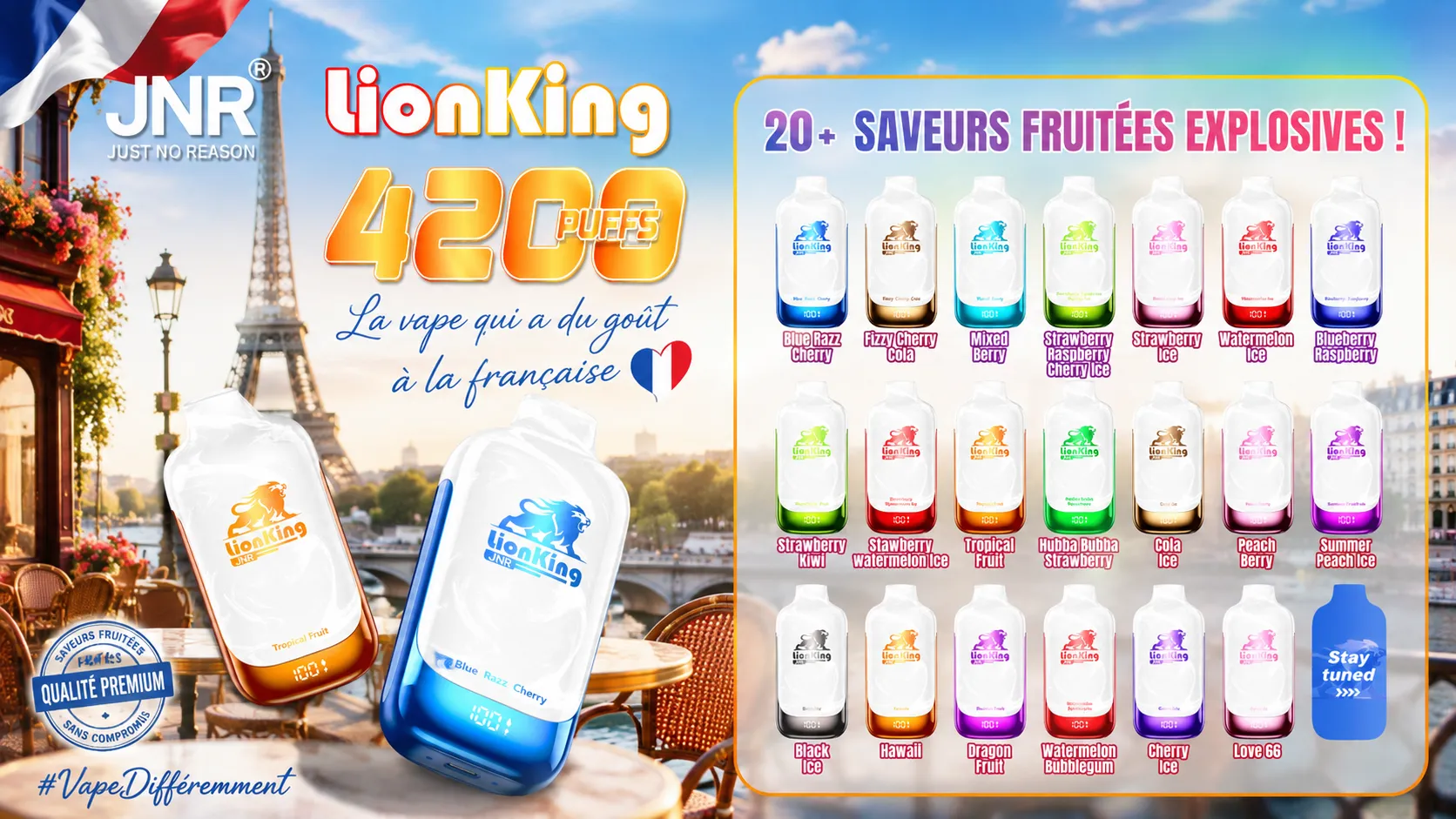 A collection of 20+ JNR Lion King 42K Puffs flavors including Blue Razz Cherry and Tropical Fruit.