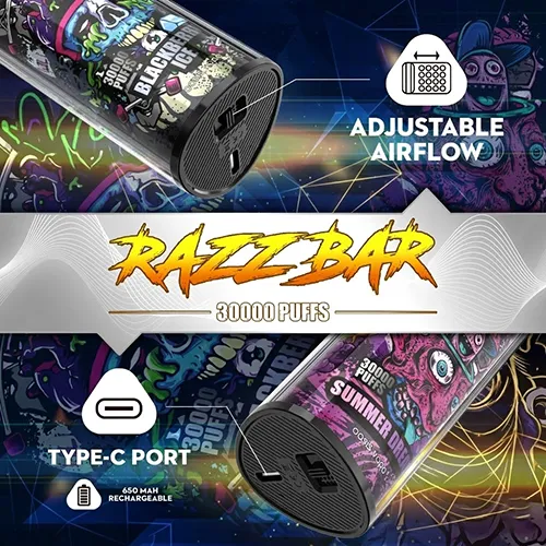 Bottom view of Razz Bar 30K puffs vape showing Type-C port and adjustable airflow.