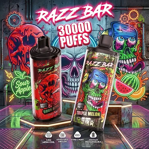 Razz Bar 30K puffs disposable vape in Sour Apple and Triple Melon flavors.