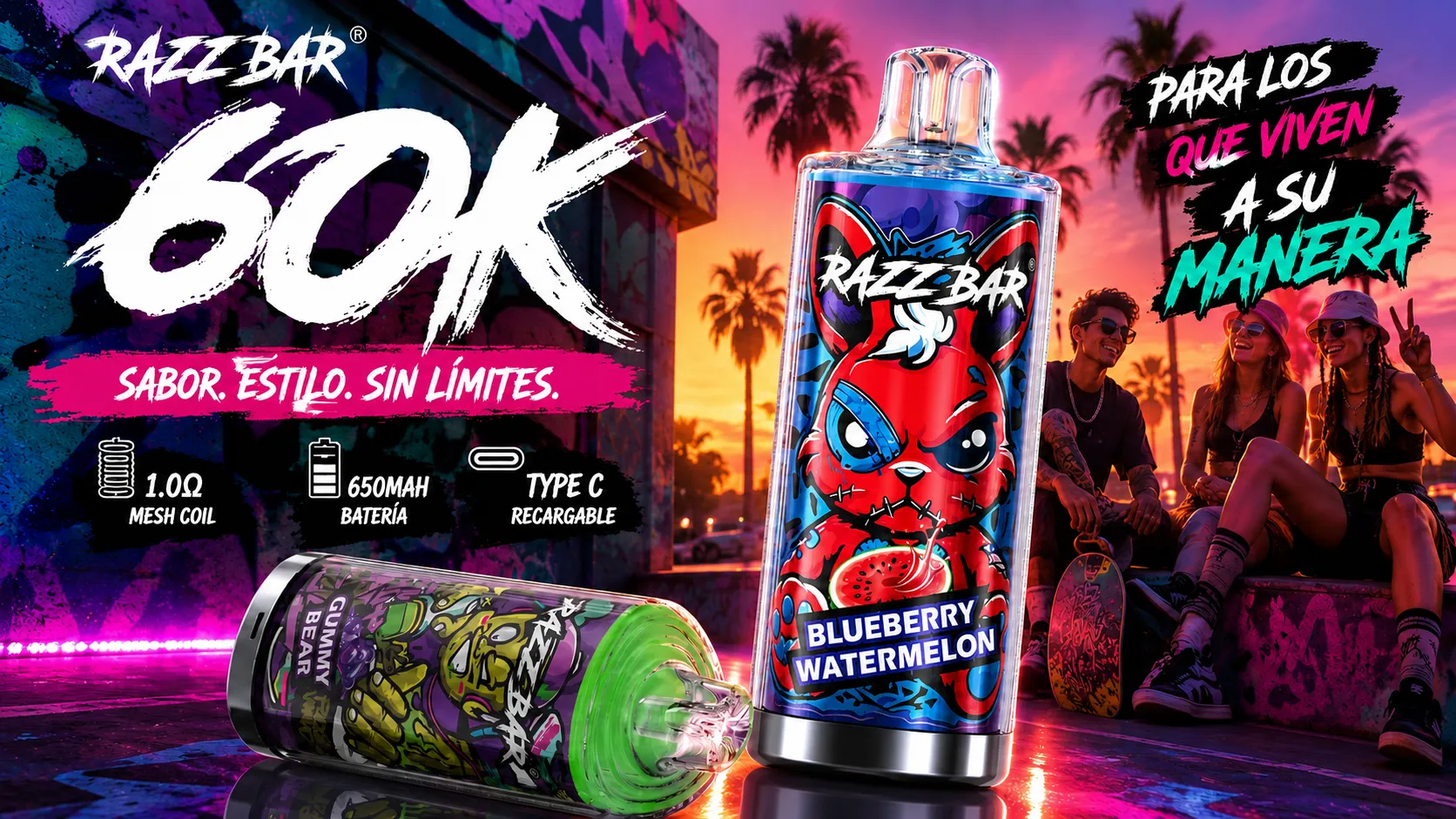 RAZZ BAR 60K Puffs Blueberry Watermelon disposable vape with 650mAh rechargeable battery