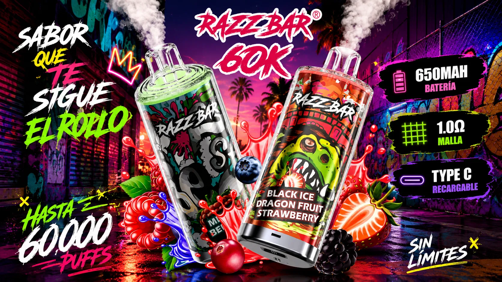 RAZZ BAR 60K Puffs Black Ice Dragon Fruit Strawberry and Mixed Berries disposable vapes