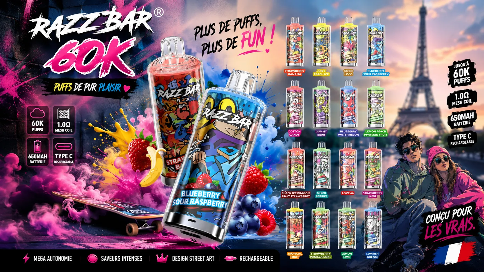 Full flavor lineup of RAZZ BAR 60K Puffs rechargeable disposable vapes with street art design