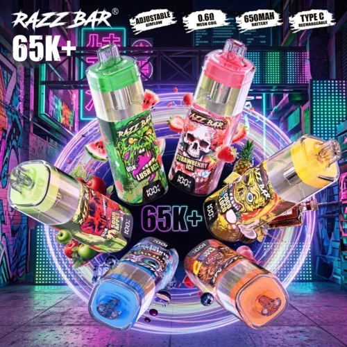 Razz Bar 65K+ puffs disposable vape in Mixed Berry Ice flavor with modern ergonomic mouthpiece.