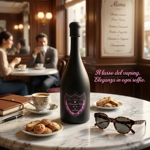 Matte black Solaris Champagne Vape 30K puffs with a pink label on an Italian cafe table next to a cup of espresso.