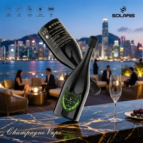 Two Solaris Champagne Vape 30K puffs devices crossing on a black marble bar overlooking a luxury city skyline at night.