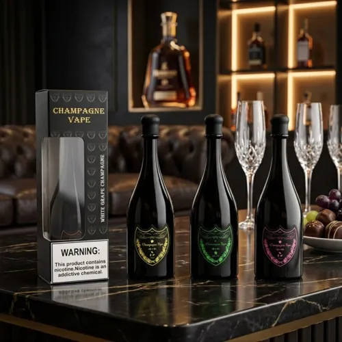 Three flavor variations of Solaris Champagne Vape 30K puffs next to their elegant retail display box on a lounge counter.